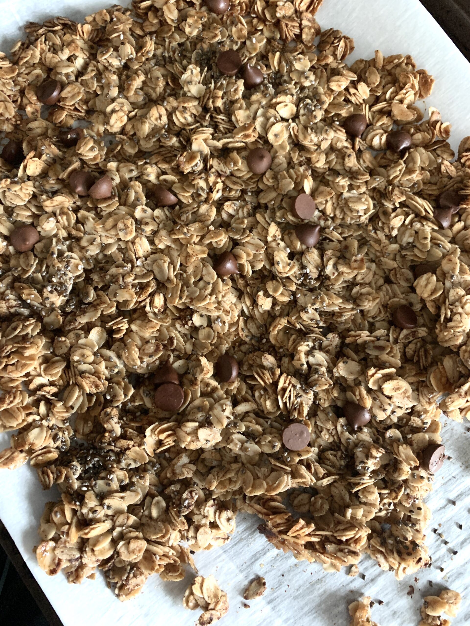 baked granola on a sheet pan