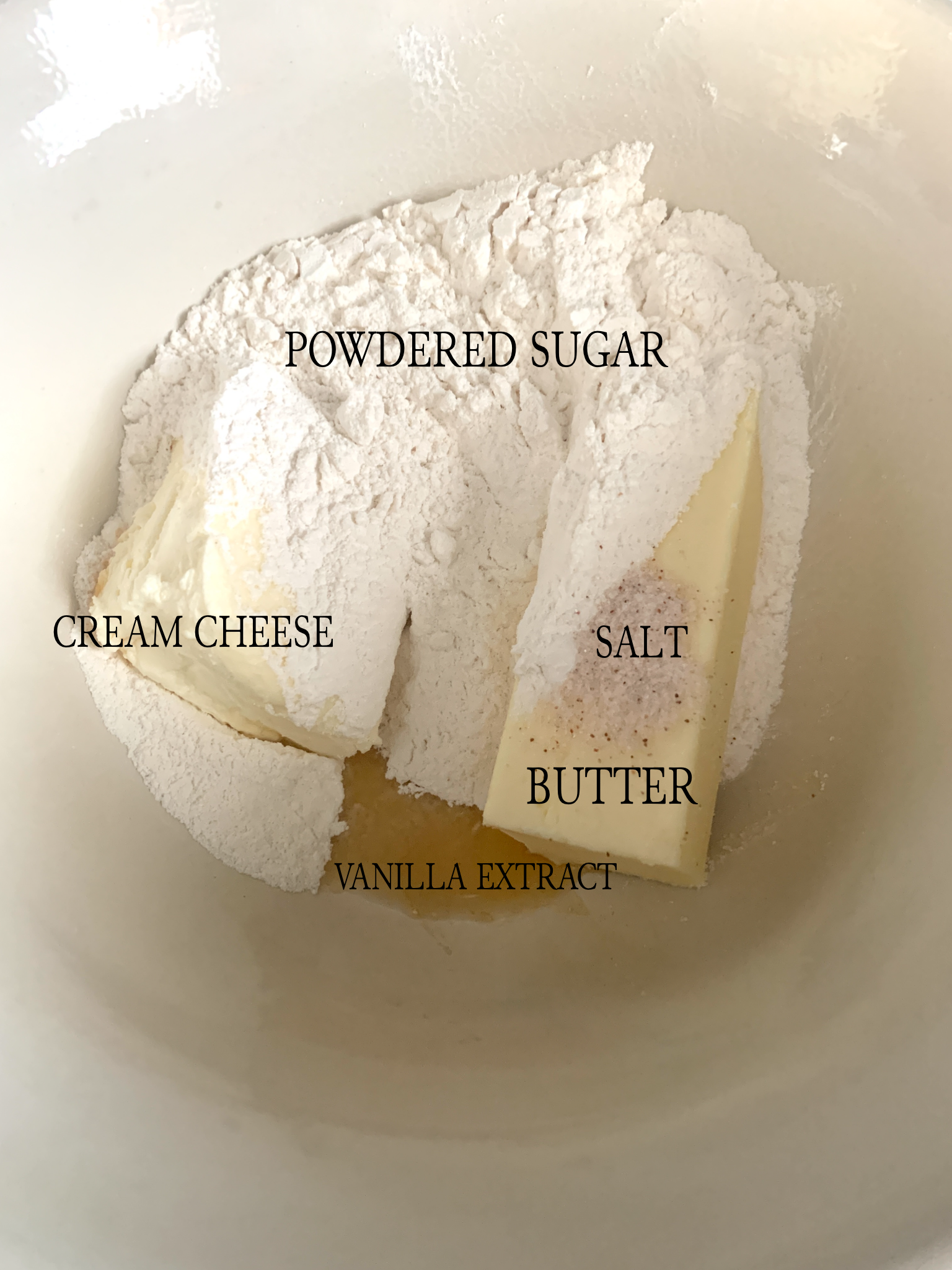 all the ingredients in a bowl and labeled for cream cheese frosting