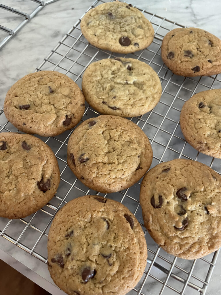 homemade chocolate chip cookies fresh out of the oven resting on a stainless steel cooling rack
