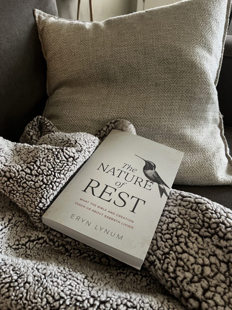 A book called The Nature of Rest by Eryn Lynum sits resting on a gray and white blanket in front of a beige pillow on a couch inviting rest