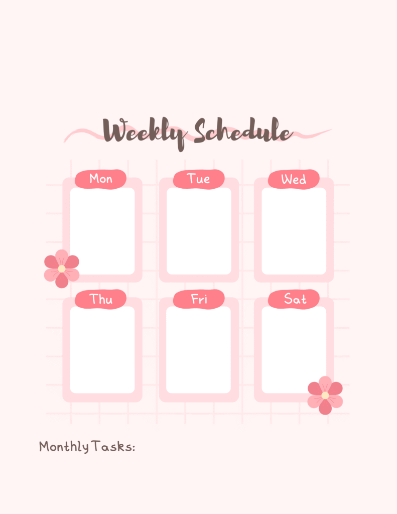 a pink weekly cleaning schedule calendar for saving and printing to fill in a personalized cleaning schedule