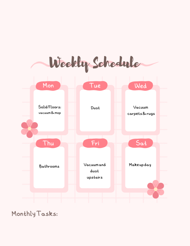 pink and white calendar of daily cleaning tasks to do each week for a weekly cleaning schedule