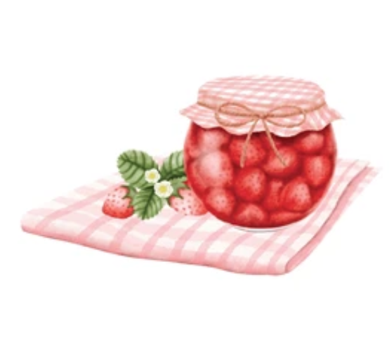 watercolor image of strawberry jam in a jar covered with red gingham cloth tied with twine
