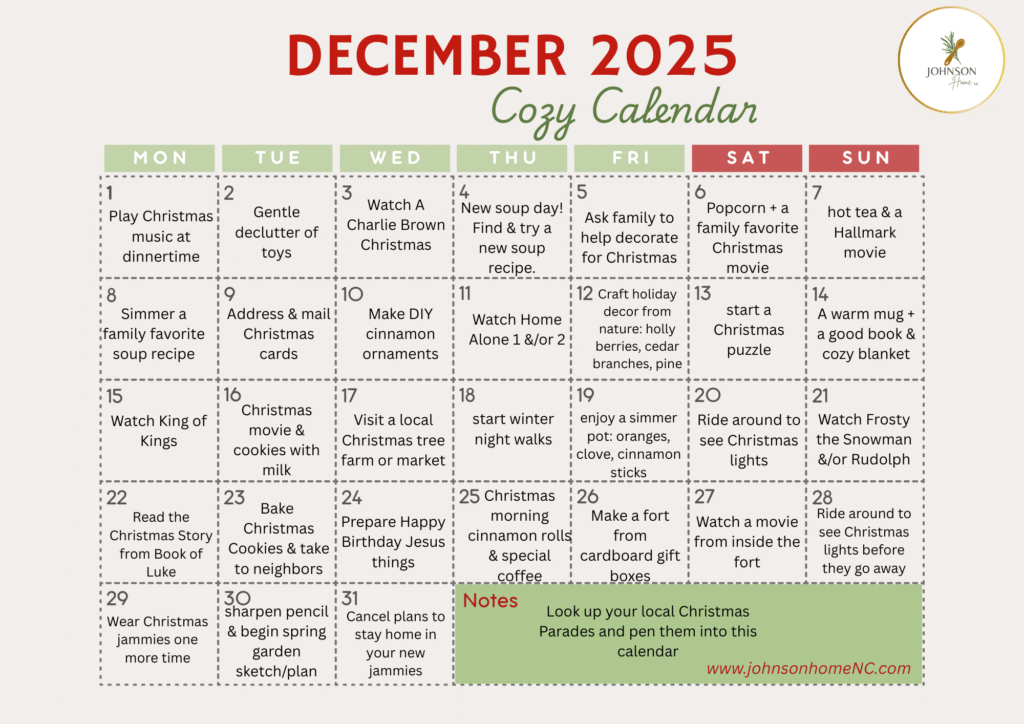 cozy christmas calendar of events for the Christmas season