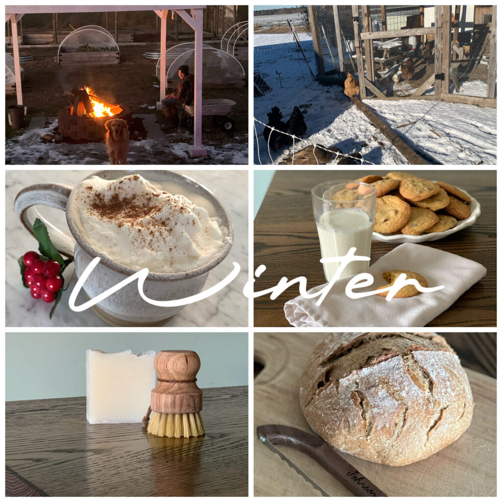 a photo collage of winter time  seasonal homesteading things like fresh bake Bread, new crafts like soaping making and knitting, campfires, and snow days