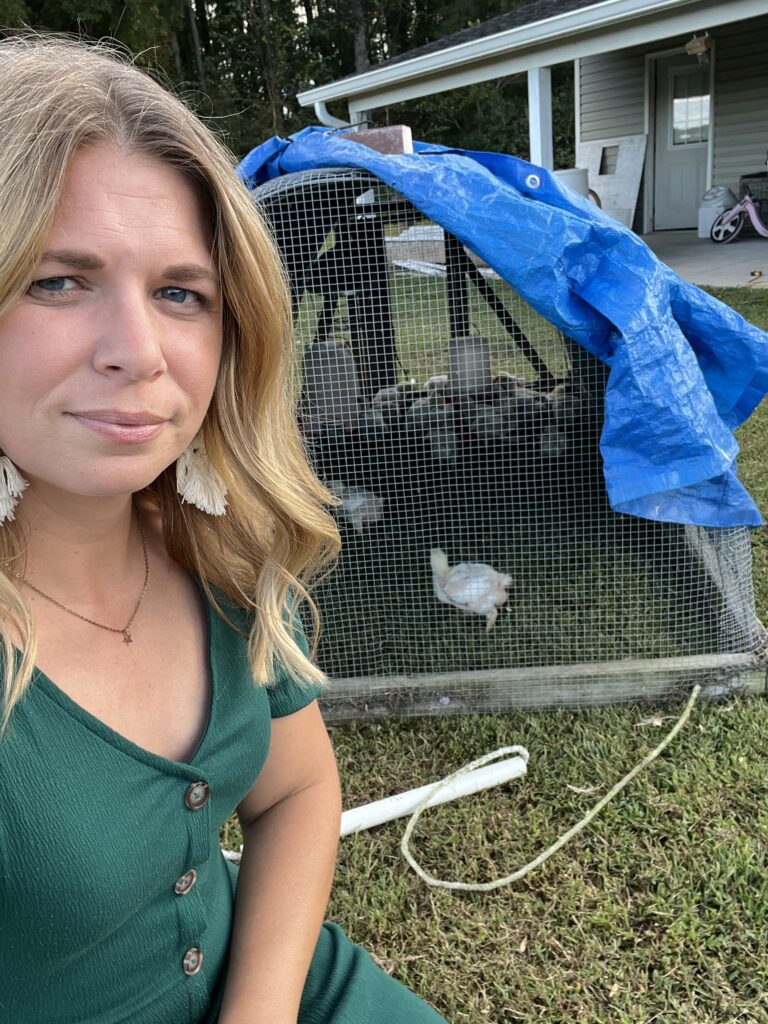 woman in green dress kneeling in front of a blue tarped meat bird tractor full of small meat chickens