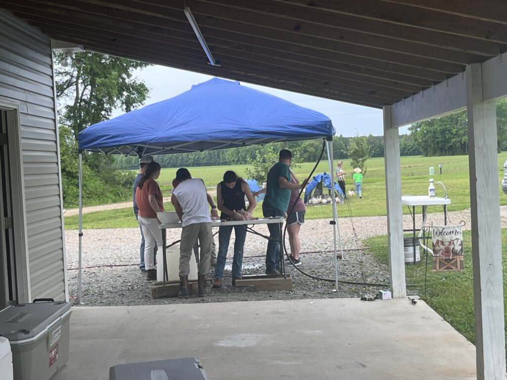 group of people under a tent processing chickens